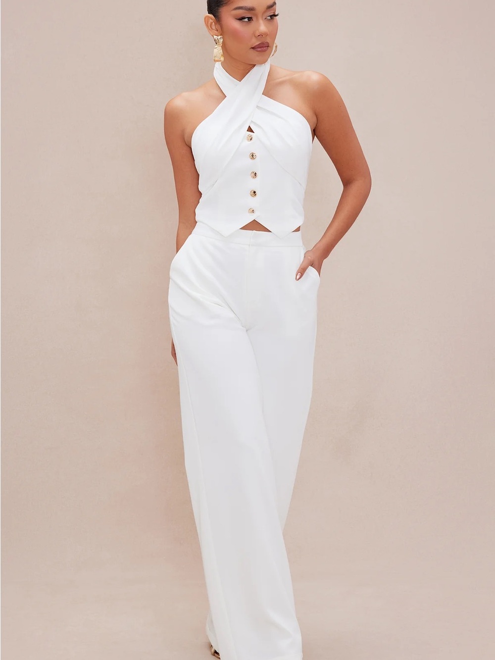 White Halter Top & Wide Leg Pants Set Size M – New With Tags Elegant Chic